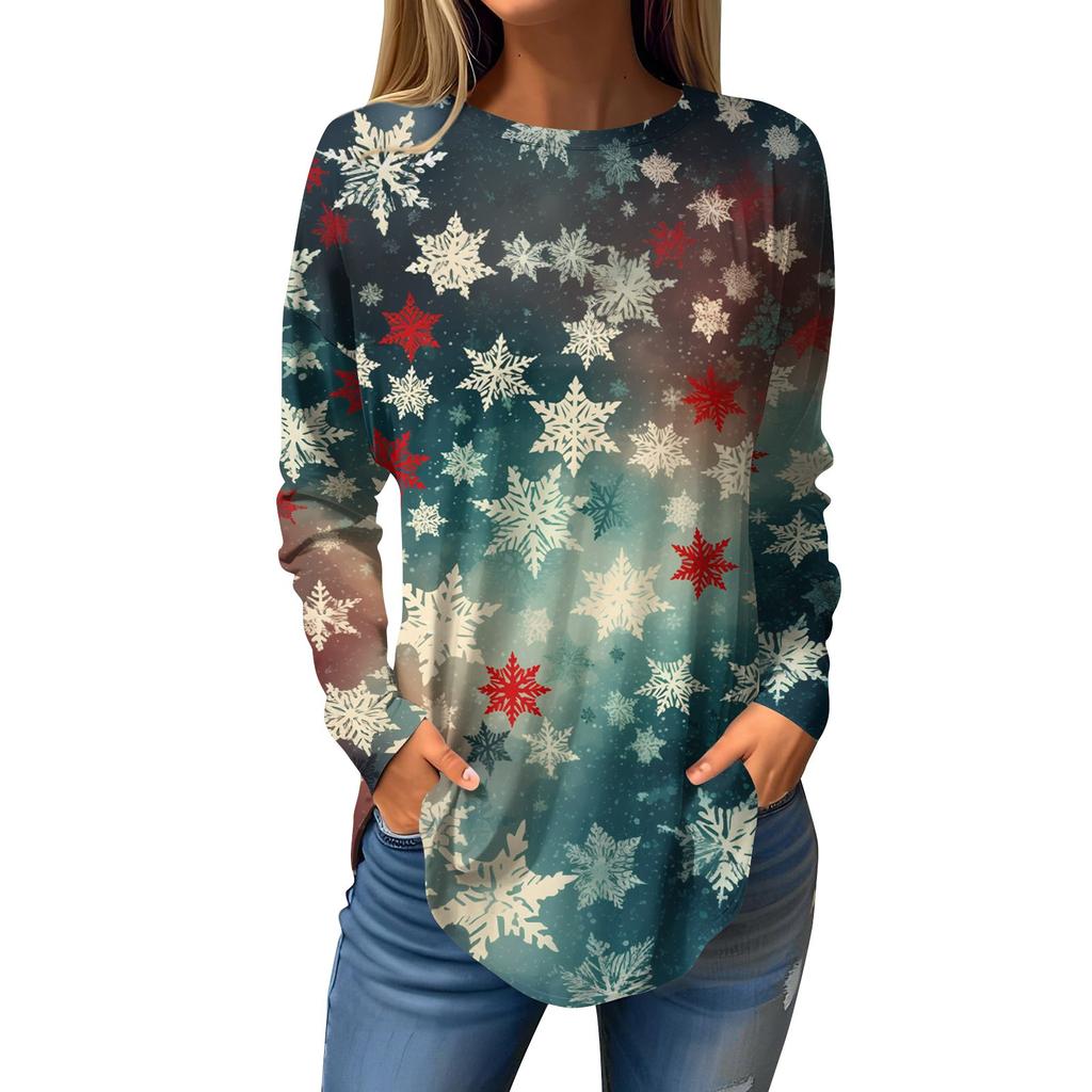 Женская свободная футболка с круглым вырезом и рождественским принтом, длинный рукав, пуловер, толстовка с длинными рукавами