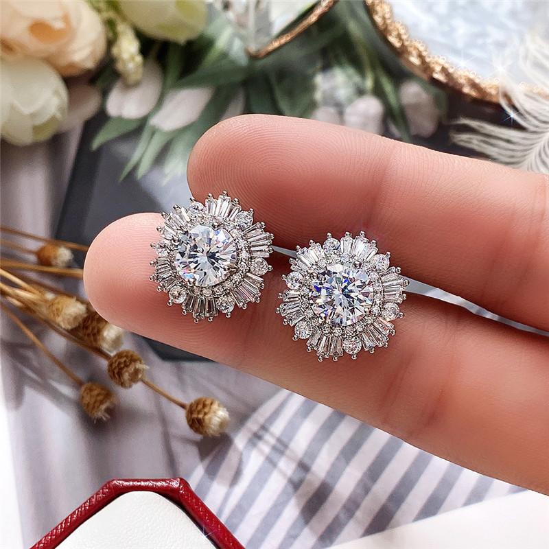Huitan Luxury Flower Stud Earrings with AAA Cubic Zirconia Delicate Women Accessories for Wedding Party Statement Zircon Gift