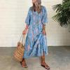 Lady Fall Dress Bubble Sleeves V Neck Printing A-line Loose Ankle Length Patchwork Bohemian Beach Maxi Dress Daily Wear Long Dre