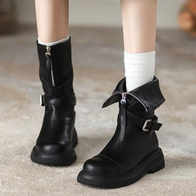 Мода 2024 Осень Новые женские ретро с круглым носком модные теплые однотонные короткие сапоги с пряжкой
