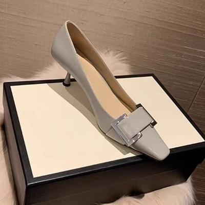 Модные металлические туфли с пряжкой, на тонком каблуке, осенние новинки, с квадратным носком, с неглубоким вырезом, слипоны, туфли на каблуке-рюмочке