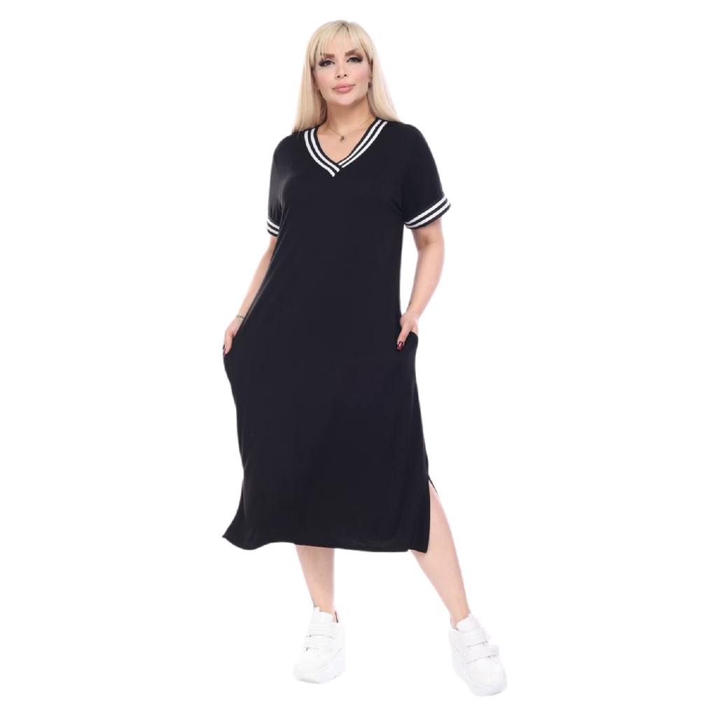Women's Plus Size Short Sleeve Black V-neck Viscose Dress