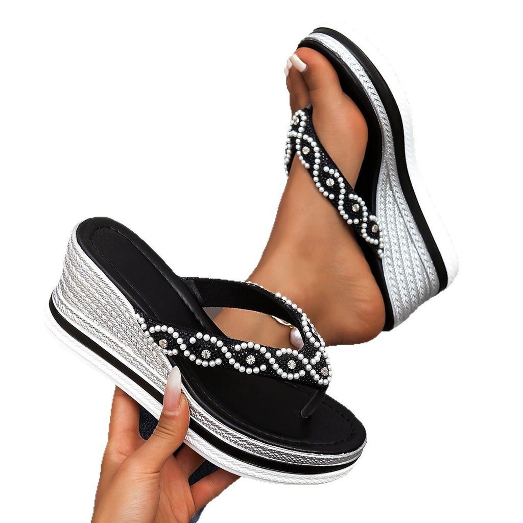 Fashion Pearl Decor Wedge Heel Sandals for Women Fashion Clip Toe Chunky Platform Slippers Woman 2025 Summer Thick Sole Beach Flip Flops