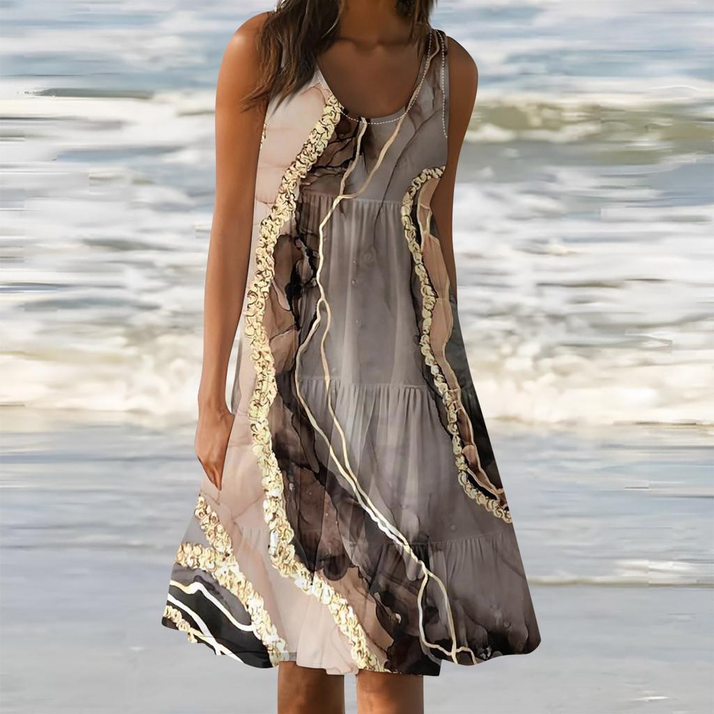 Женские платья-жилеты Лето-весна Плиссированные богемные платья Симпатичные струящиеся пляжные платья без рукавов Прямая футболка Платья-майки Платья с круглым вырезом