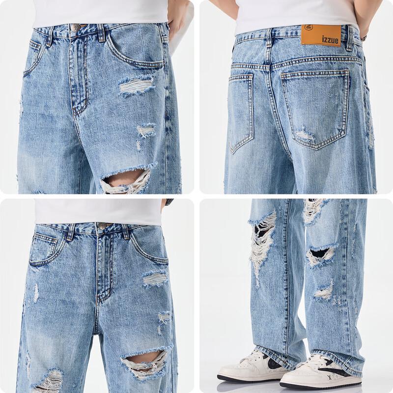 Izzue IT Мужские джинсы прямого кроя широкие штанины с потертостями