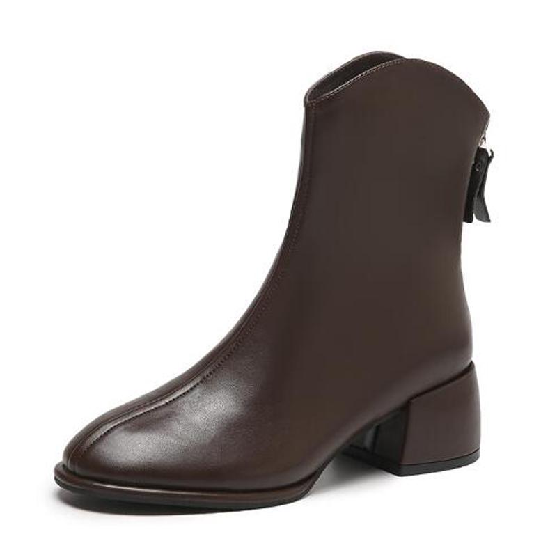 Autumn New Ankle Boots Women's Rear Zipper Leather Boots Casual Large Size Medium Heel Ankle Boots Women's Leather Boots P436