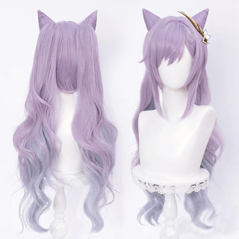 Wig&Hair Accessories*2 Genshin Impact Wig Keqing Cosplay Purple Long Curly Ponytails Ears Horns Pigtails Heat Resistant Women Halloween Free Wig Cap