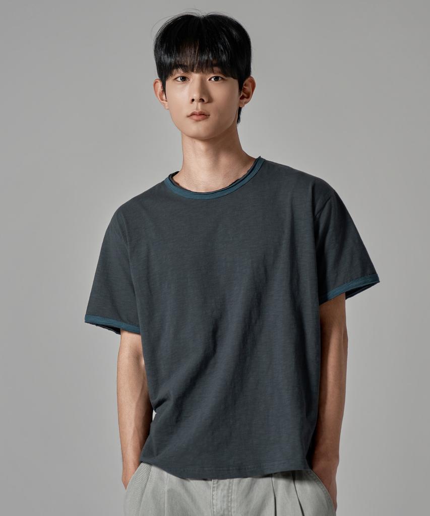 WAAR M1086 Low-Cut Contrast Round Short Sleeve T-Shirt_Charcoal