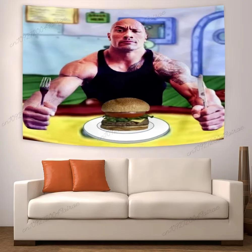 The Rock Pancake Meme Tapestry Funny Pop Culture Print Polyester Wall Hanging for Living Room Viral Meme and Comedy Home Dec