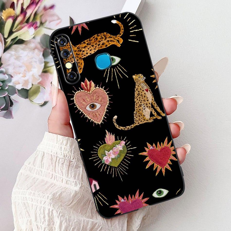 For Infinix Hot 8 Phone Case Hot 8 Lite Hot8 X650 X650C X650B X650D Elegant Floral Cat Pattern Black Silicone Soft TPU Cases
