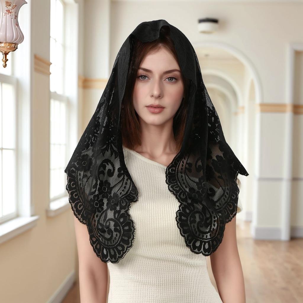 Кружевной треугольный шарф с вышивкой в виде цветов для женщин, головной убор, мусульманский хиджаб, свадебная шаль, вуаль, испанский традиционный, 172*63 см