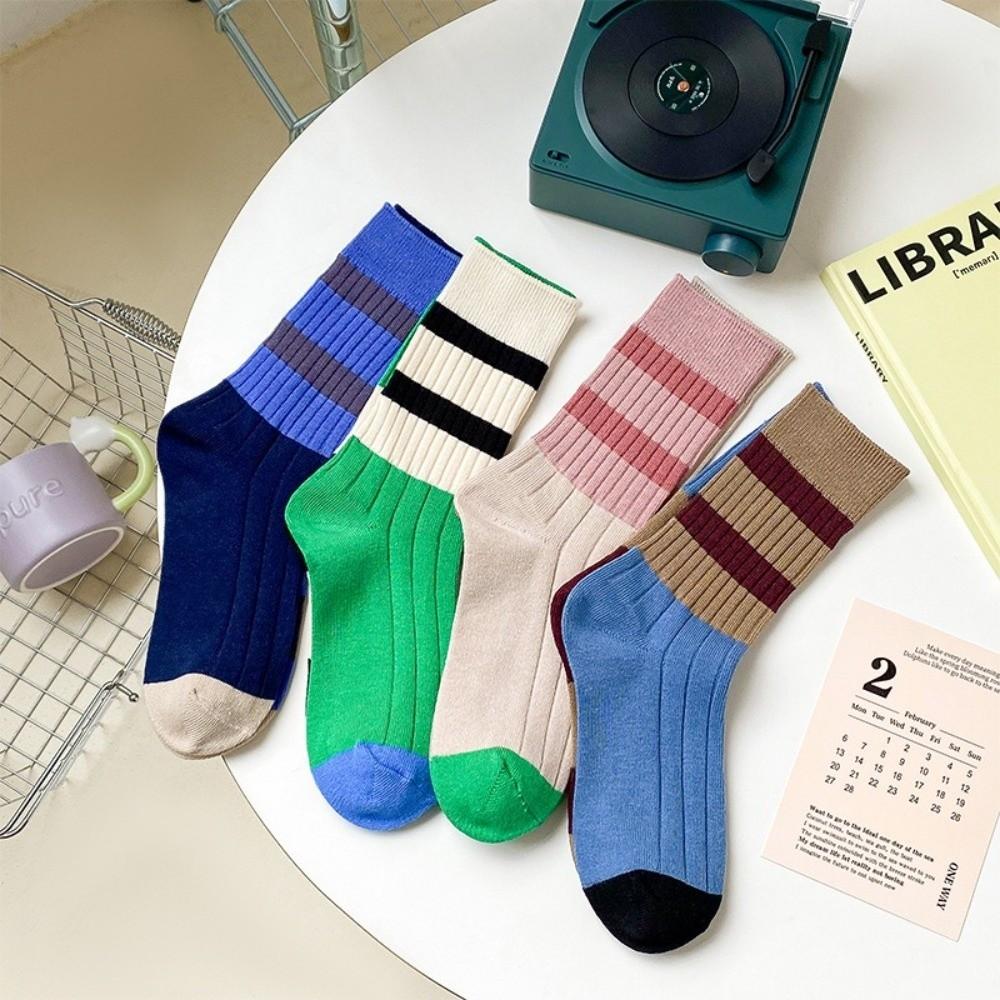 A Pair Stripes Mid Tube Socks Warm Womens Crew Socks Durable Cotton Socks At All Seasons