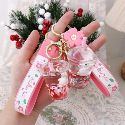Мультяшный кролик с вишневым цветом, кружка для молочного чая, брелок с жидкостью, милый брелок-животное с плавающим песком, подвеска для женской сумки, брелок, подарки