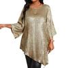Women Tops Round Neck Ninth Length Sleeve Mid-length Blouse Sparkling Irregular Hem Loose Fit Tee Shirt Daily Wear
