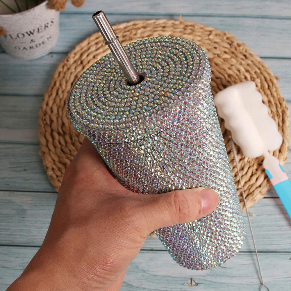Insulated Straw Tumbler Stainless Steel Rhinestone Cup 24 Hour Hot Cold Water Coffee Drinkware For Office Travel Gym Accessories
