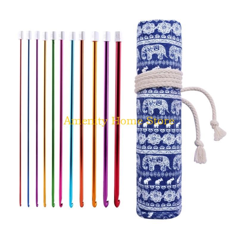 F26C 11Pcs 27cm Long Afghan Crochet Hook Needle 2mm-8mm Colorful Aluminum Knitting Needle Ergonomic Grip For Sweater Blanket