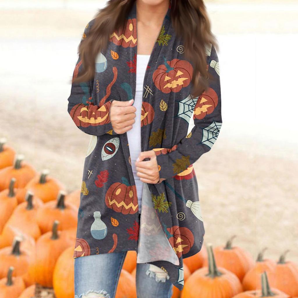 Женская мода, повседневный кардиган с принтом на Хэллоуин, средней длины, с длинными рукавами, пальто