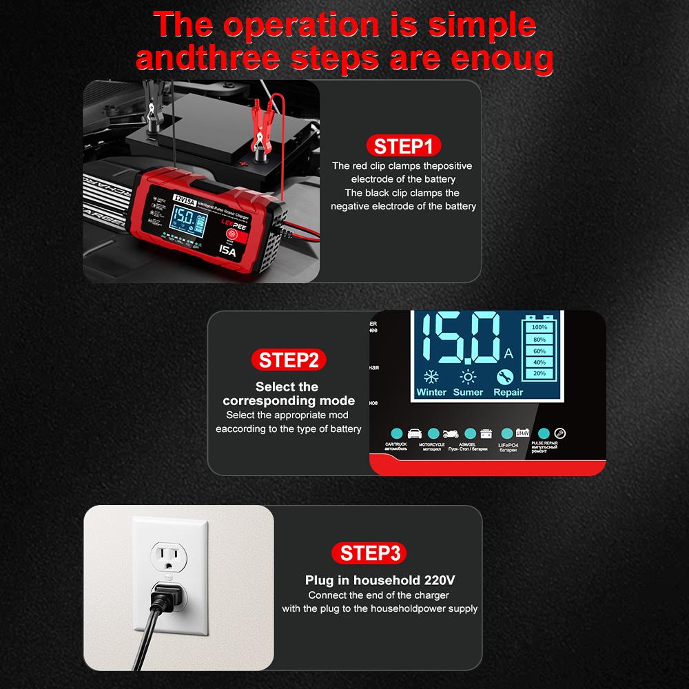 2025 Новое Свинцово-кислотное Умное Зарядное Устройство 12В 15А 12А Интеллектуальное Импульсное Восстановление Зарядка Аккумулятора Автомобиля Мотоцикла Многофункциональное Обслуживание
