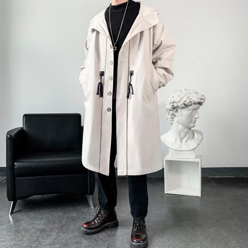 ROMON Men's Trendy Loose-Fit Hooded Mid-Length Trench Coat