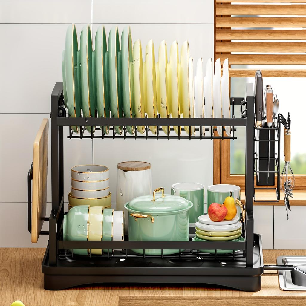 2-Tier Dish Rack with Utensils Holders, Cutting Board Holder, Anti-Rust Cutlery Holder and Drainboard for Kitchen Countertop