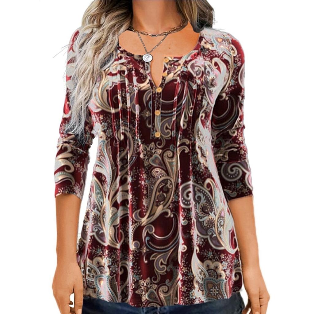 Spring Autumn T-shirt Fashion Floral Printing Round Neck Long Sleeve Top Women's T Shirts