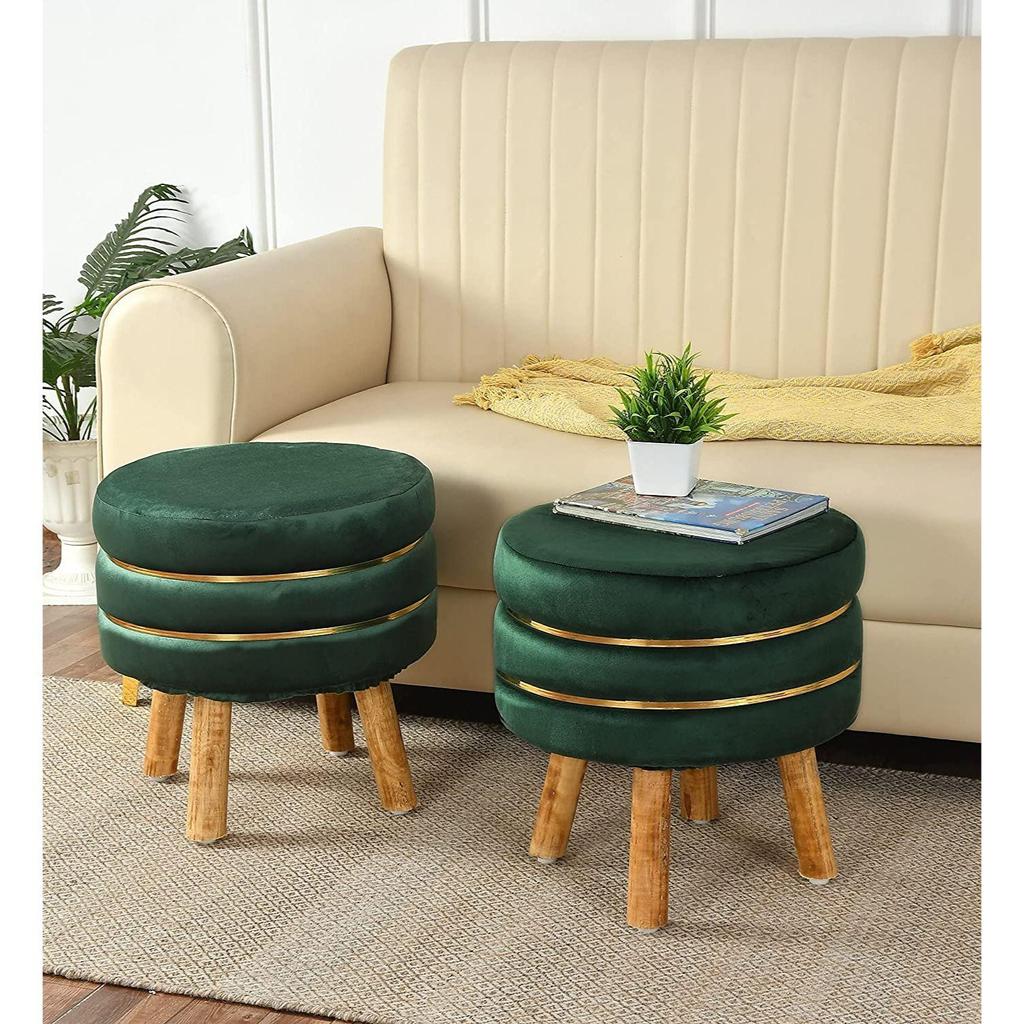 Living Room Set of 2 Sitting Ottoman Foam Cushioned Puffy for Foot Rest Home Furniture with 4 Wooden Legs Velvet Stool for Office Home Decor, 16 Inch