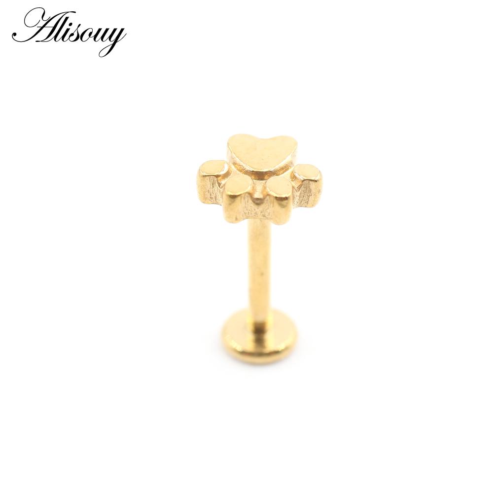 Alisouy 1PC Нержавеющая сталь Собака Следы Лист 16G Tragus Helix Bar Лабрет Губное кольцо Хрящ Ухо Серьги Пирсинг Украшения для тела