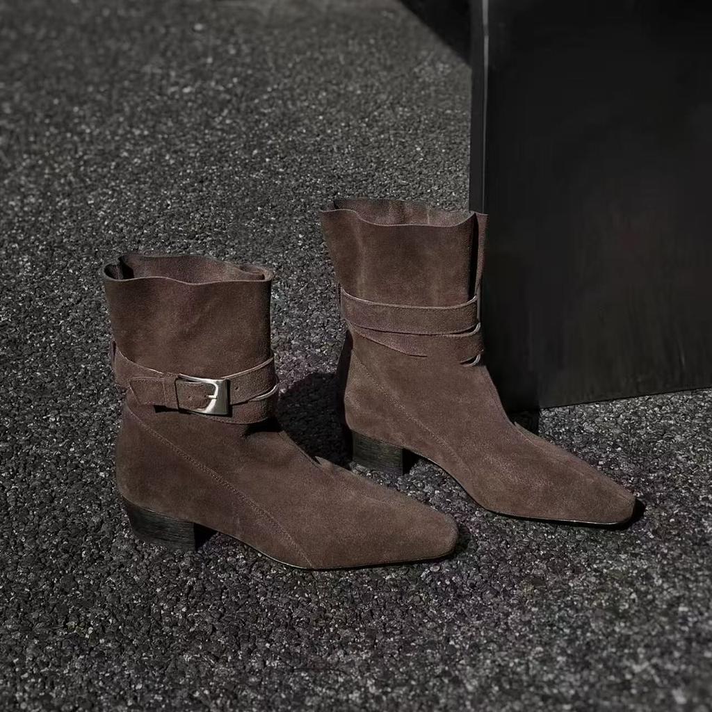 Two Short Boots, Women's Sleeves, Thick Heels, Fashion, Belt Buckle, Fashion, Square Head, Retro Temperament, Martin Boots, British Style Bundle