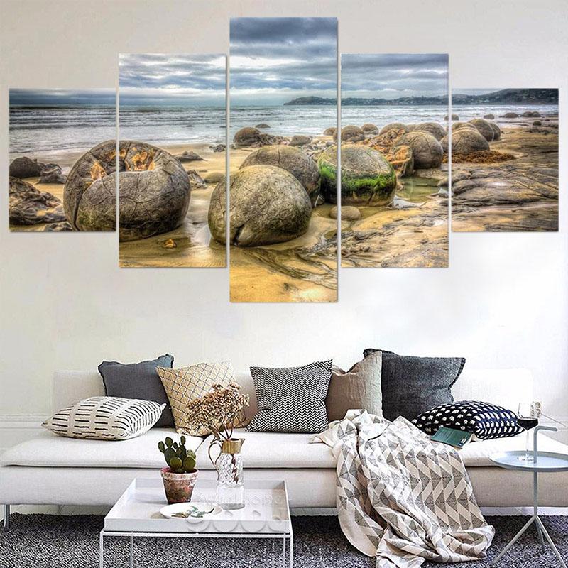 5 панелей Морской пейзаж Морской большой круглый камень Красочное небо Холст Картина Плакаты и принты Настенная картина Домашний декор без рамки