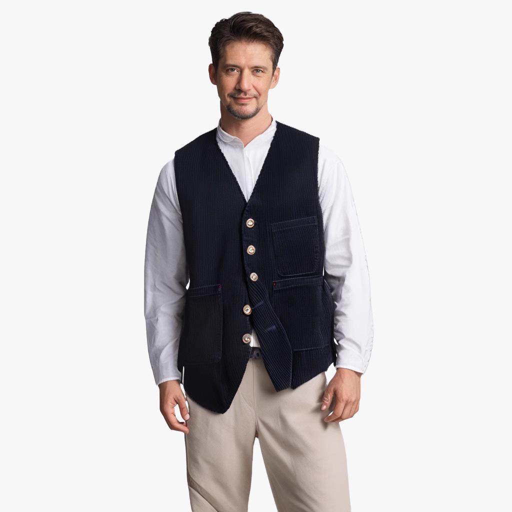 2024 Мужская вельветовая жилетка-куртка: Осень/Зима, Карманный дизайн, Однотонный, Однобортный