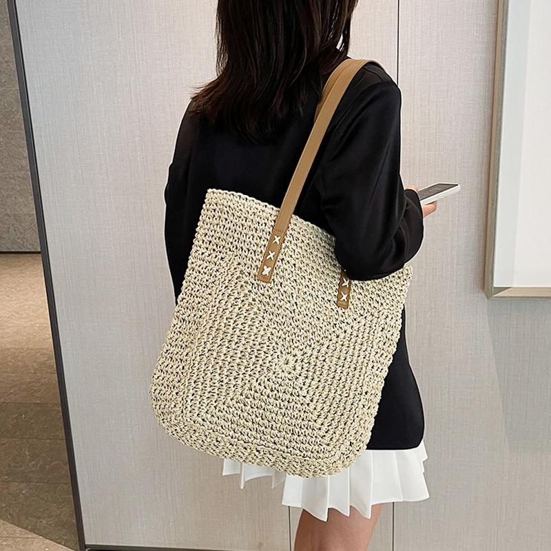 Simple and Large-capacity Straw Woven Bag Fashion Summer Beach Women's Shoulder Bag Trendy Zipper Handbags for Girls