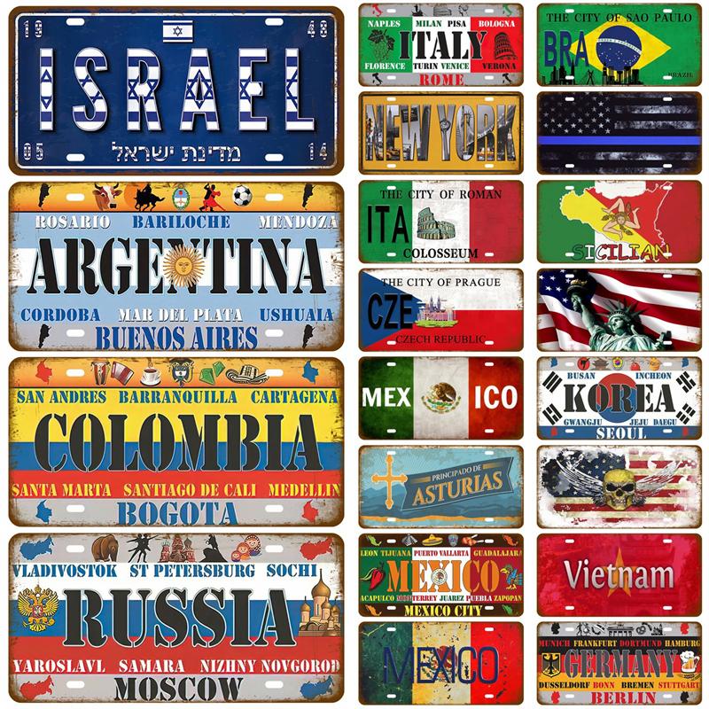 Metal Sign Germany USA Country Flag France Tin Sign Plaque Russia Spain Tinplate Plate For Wall Home Restaurant Craft Bar Decor