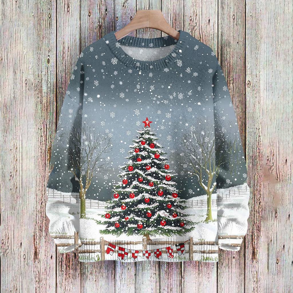 Рождественские толстовки для женщин Вязаный свитер Милая рубашка Осенний свитер с круглым вырезом Топы