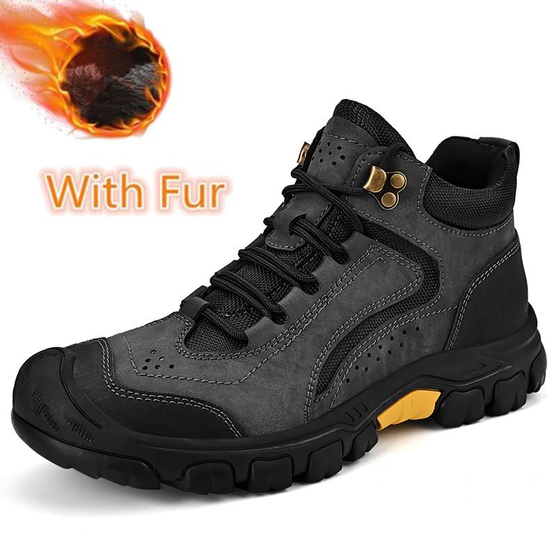 Новые мужские походные ботинки из натуральной кожи, зимние меховые короткие ботинки на платформе, модная повседневная обувь на шнуровке для мужчин, ботинки для активного отдыха