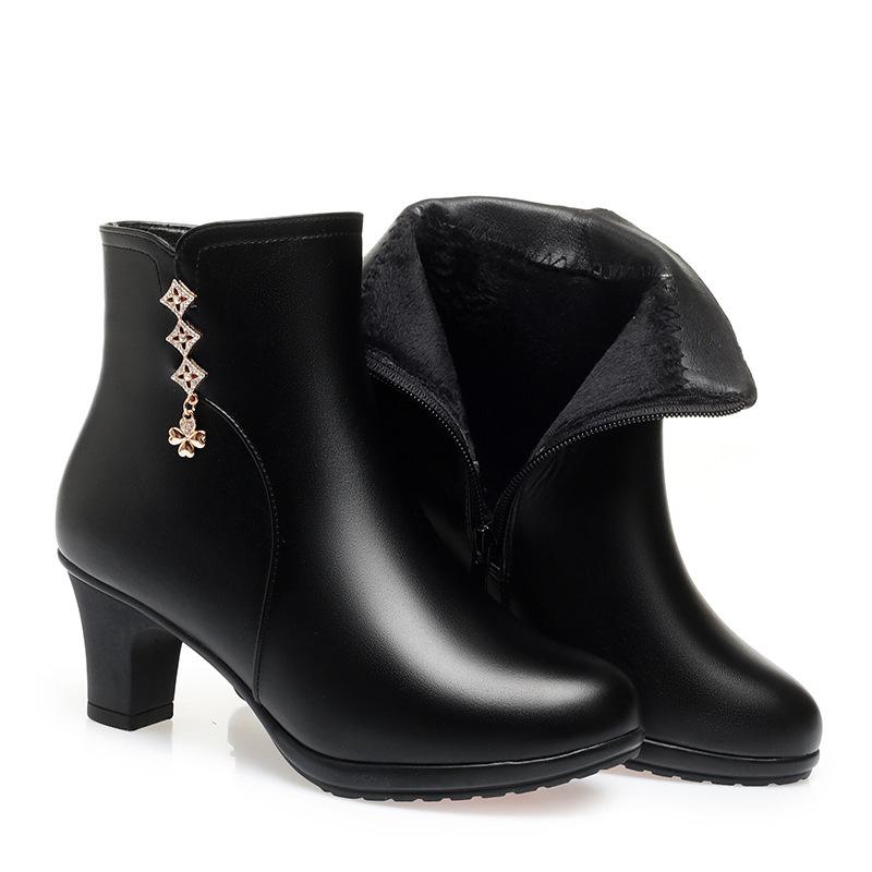 Осенне-зимние женские кожаные ботинки Новая мода Водонепроницаемые Боковая молния Высокий каблук Нескользящие Легкие Теплые хлопковые ботинки