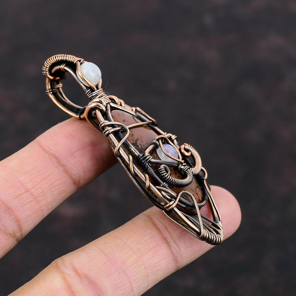 Сглаз, красное дерево, обсидиан, кулон, медная проволока, кулон, кулон с лунным камнем, медная проволока, ювелирные изделия, кулон с драгоценным камнем, кулон ручной работы