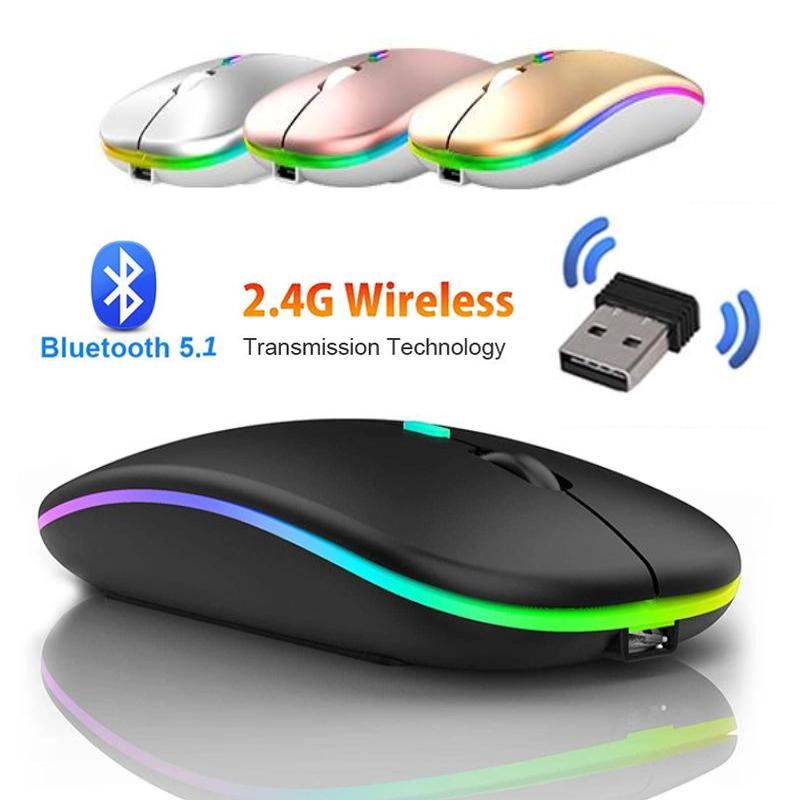 2.4G Wireless Bluetooth 5.0 Mouse RGB LED Lights Silence Smart Sleep Mouse for Laptop Computer Gaming Mouse Optical Mouse USB Rechargeable