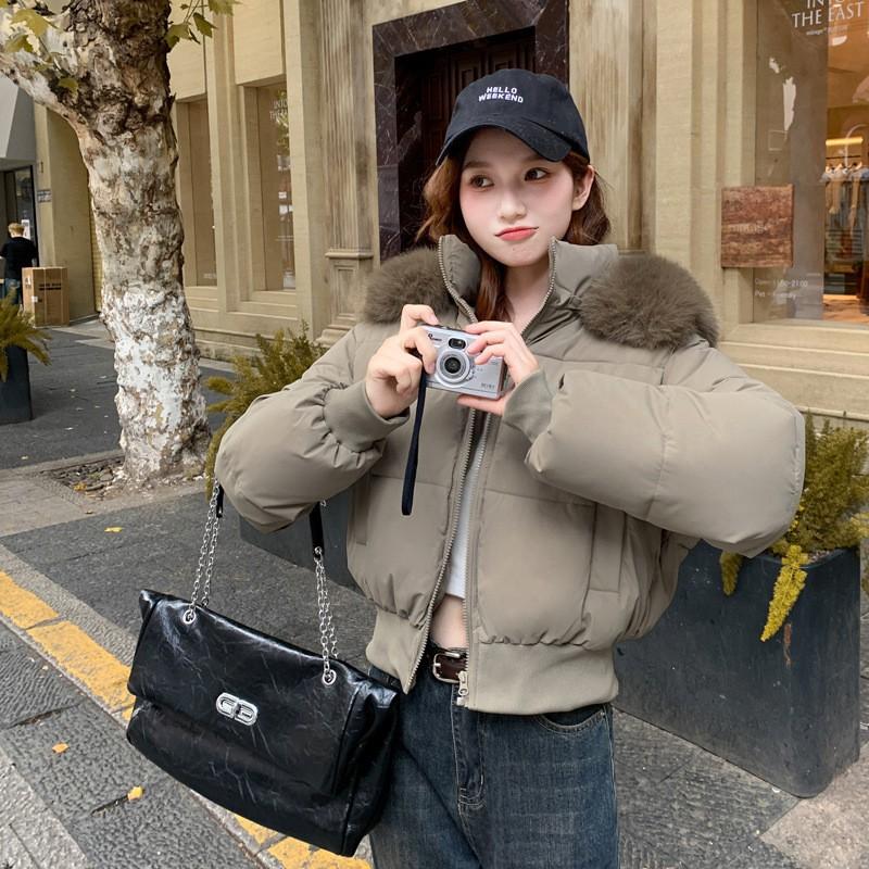 Womens Short Puffer Coat With Fur Hood Winter Warm Cotton Padded Jacket