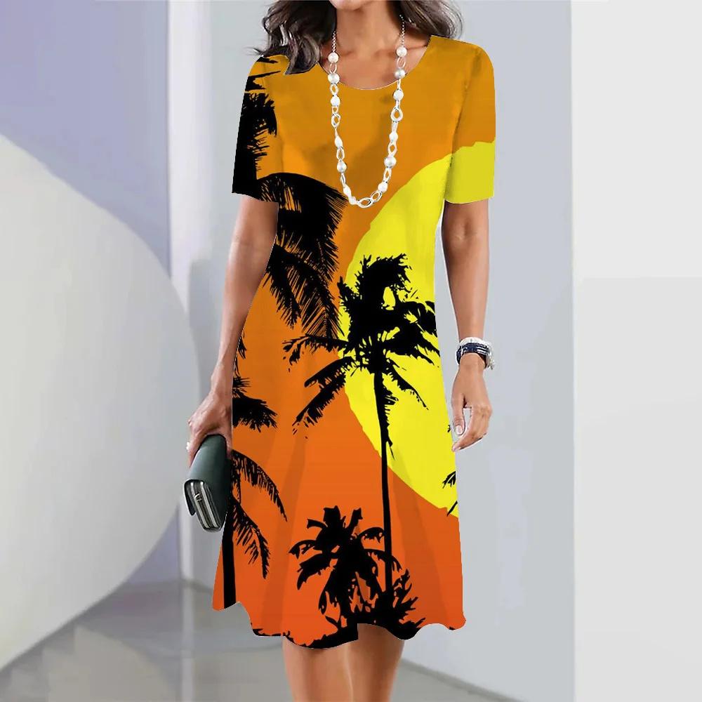 Hawaii Coconut Tree Print Women's Dresses Vacation Long Dresses Female Clothing Summer One-piece Dress