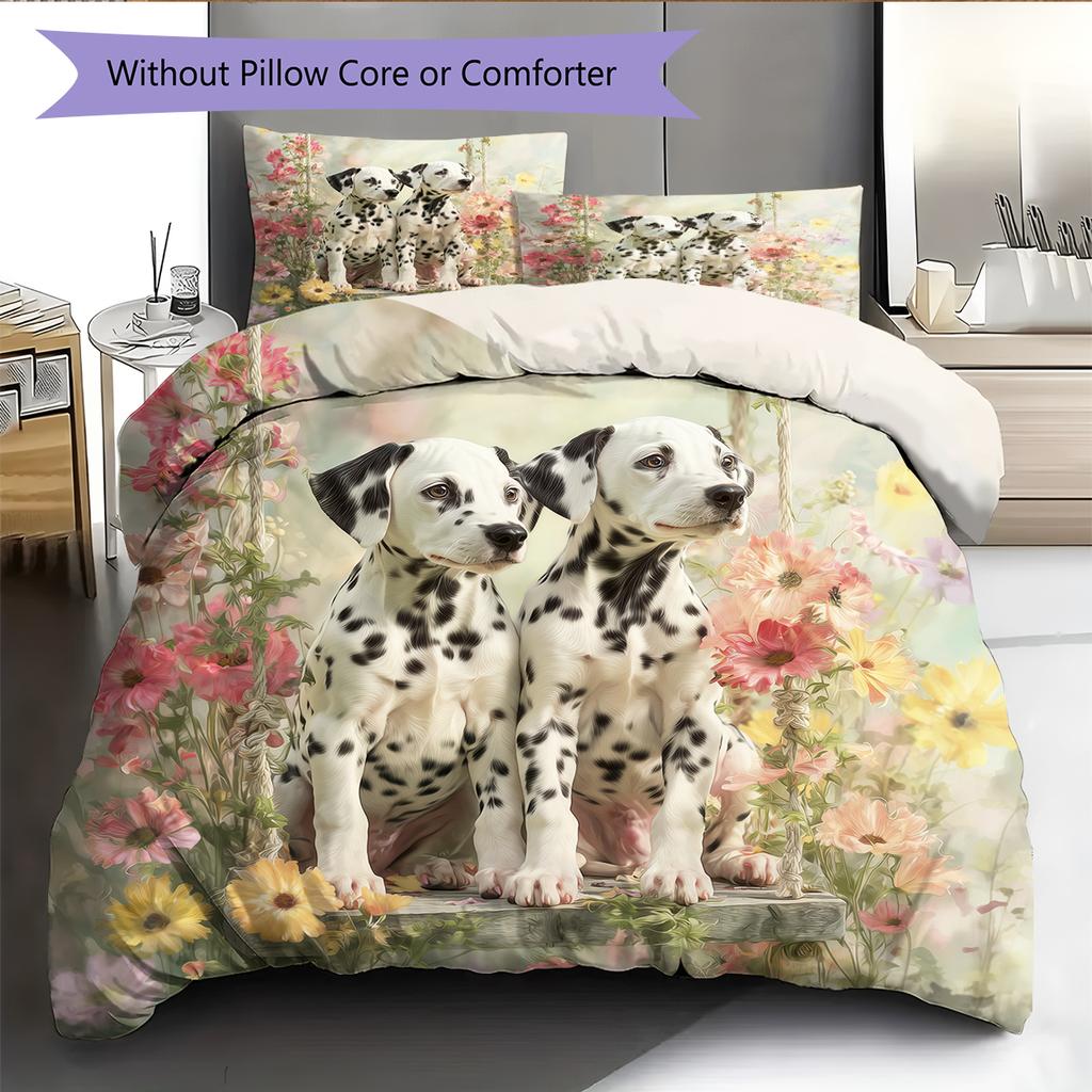 Dalmatian and Flowers Pattern Bedding Home Decoration Birthday Gift (1 * duvet cover + 2 * pillowcase, without core)