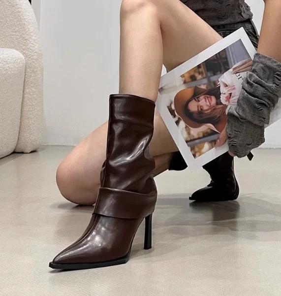 Модные женские кожаные сапоги до середины голени с острым носком, элегантные туфли на высоком каблуке, тренд 2024 года, зимние ботинки челси, сексуальные туфли-лодочки, новые женские ботинки