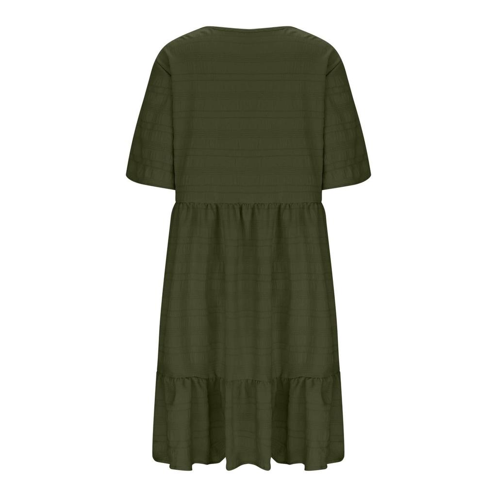 Ladies' Large Size Casual And Fashionable Solid Color Dress, Loose Short Sleeved Waist Cinched Dress