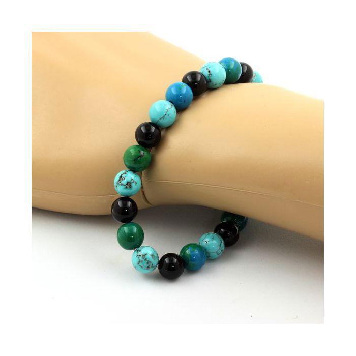 Stones and Minerals. Chrysocolla + Turquoise + Black Agate 8 Mm Pearl Bracelet. Made In France.