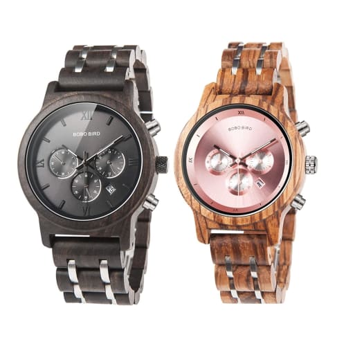 BOBO BIRD Pair Wooden Watches with Gift Box, Analog, Japanese Quartz Movement, Chronograph, Lightweight, Date Display, Stopwatch, Men's, Women's, Coup