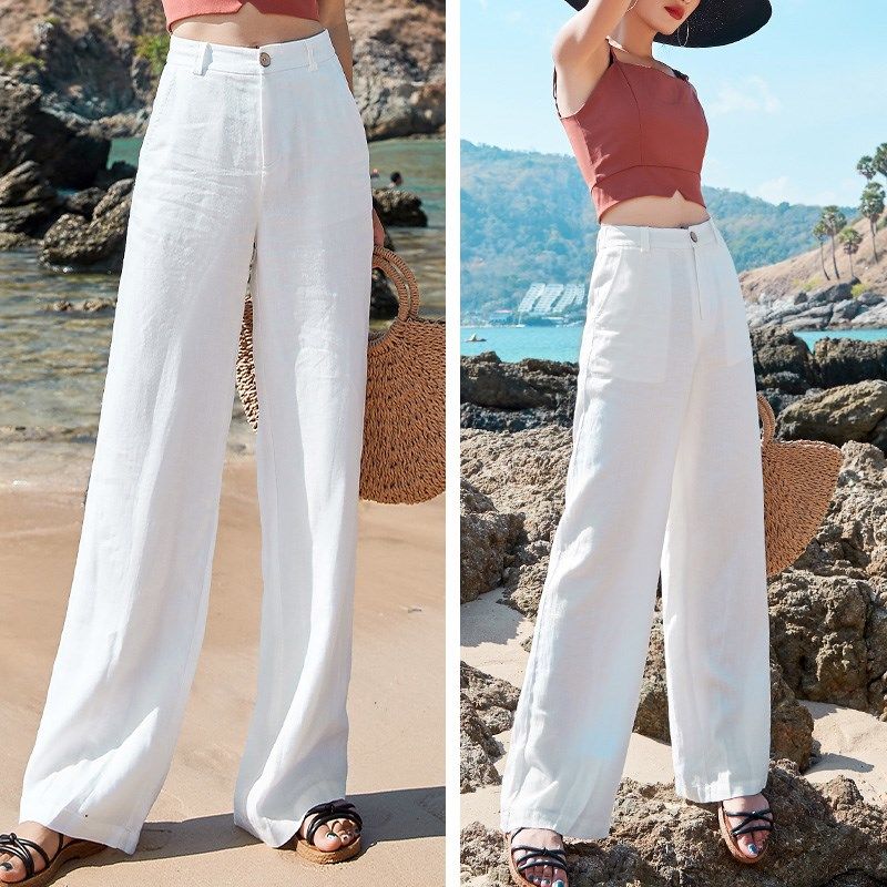 Summer Womens Pants Cotton Linen Waist Colors Wide Leg Trousers Female Street Style