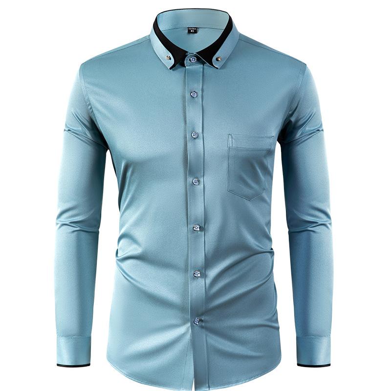 Four Sided Elastic Shirt for Men Color Blocked Diamond Button Lapel Shirt Casual No Iron Formal Wear Shirt