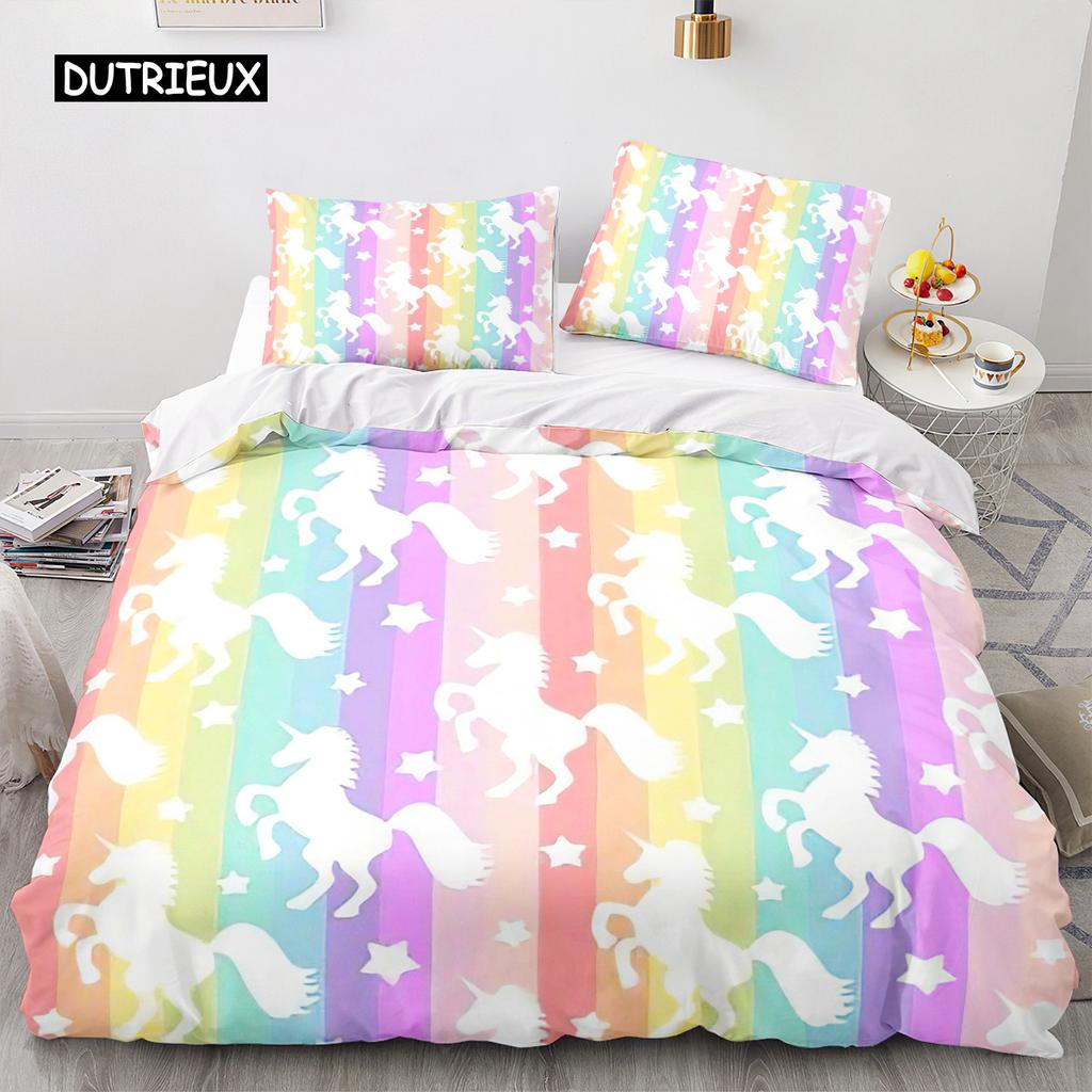 Unicorn Duvet Cover King Queen Cute White Cartoon Animal Bedding Set Children Boys Girl Western Fairy Tale Polyester Quilt Cover