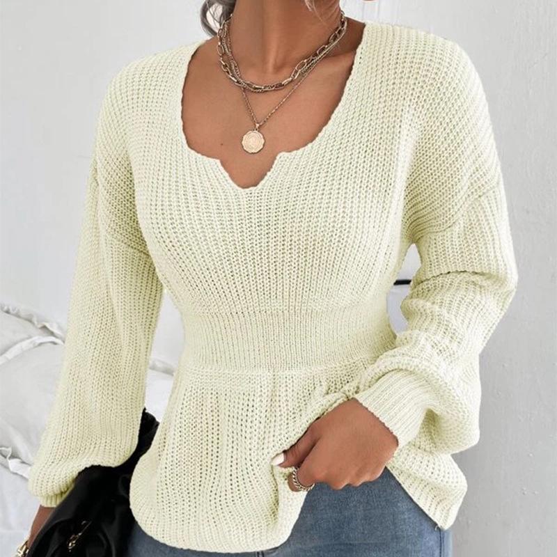 Women's V-Neck Long-Sleeve Ruffle Waist Solid Color Pullover Sweater - European & American Fashion