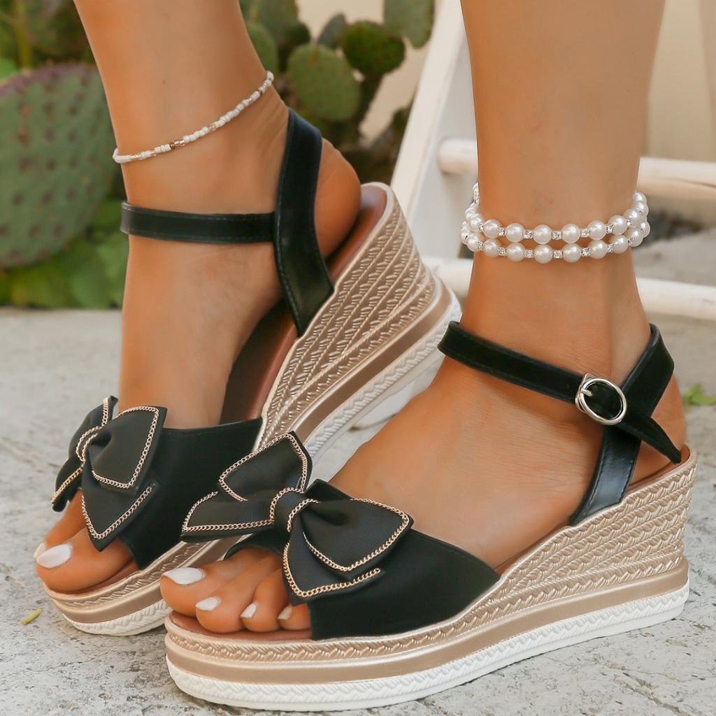 Босоножки на каблуке-каблуке, женские, летние, с толстой подошвой, с круглым носком, с открытым носком, модные, с бантом, большого размера, женская обувь