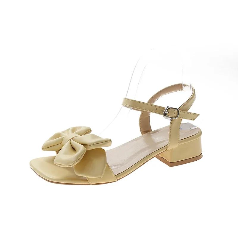 Модные босоножки большого размера с открытым носком, однотонные, женские, летние, новые, с пряжкой в одну линию, модные, темпераментные, с бантом, удобные, женские туфли